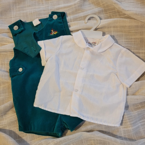 Vintage Green Velvet Baby Romper with White Shirt 24 Month- 1T - Picture 9 of 12